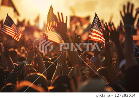 Crowd of people are holding up American flags. Crowd of people are holding up American flags. 127292014