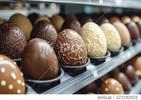Row of chocolate eggs are displayed in a store 127292018
