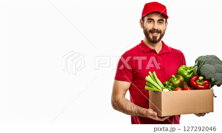 Man in a red shirt is holding a box of vegetables 127292046