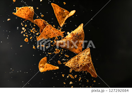 Close up of a pile of tortilla chips with a lot of seasoning on them 127292084