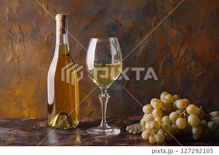 Bottle of white wine and a wine glass are on a table with a bunch of grapes 127292105