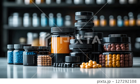 Variety of medicine bottles and jars are displayed on a table 127292108