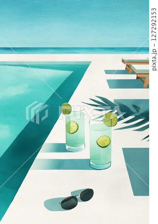Refreshing summer drinks with lime slices beside a sparkling pool, surrounded by sun loungers and tropical palm leaves, evoking a relaxing vacation atmosphere 127292153