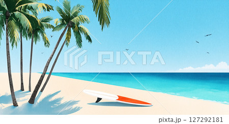 Tropical beach scene featuring palm trees, a surfboard resting on the sand, and a vibrant blue ocean under a clear sky, embodying summer water sports and relaxation vibes 127292181