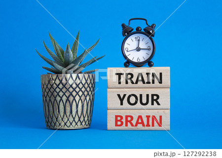 Train Your Brain symbol. Concept words Train Your Brain on wooden blocks. Beautiful blue background with succulent plant and alarm clock. Healthcare and Train Your Brain concept. Copy space. Train Your Brain symbol. Concept words Train Your Brain on wooden blocks. Beautiful blue background with succulent plant and alarm clock. Healthcare and Train Your Brain concept. Copy space. 127292238