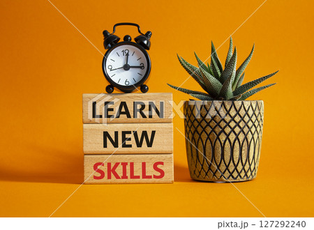 Learn new skills symbol. Concept words Learn new skills on wooden blocks. Beautiful orange background with succulent plant and alarm clock. Business and Learn new skills concept. Copy space. Learn new skills symbol. Concept words Learn new skills on wooden blocks. Beautiful orange background with succulent plant and alarm clock. Business and Learn new skills concept. Copy space. 127292240