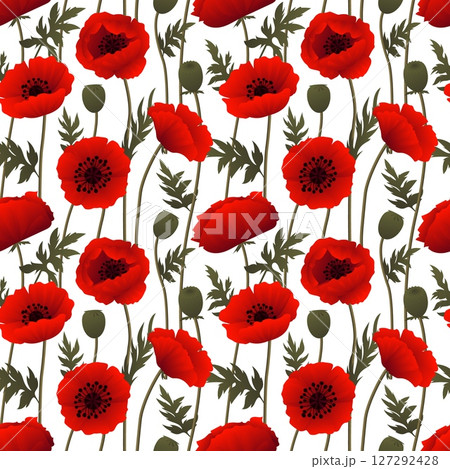 Seamless pattern of red poppy flowers with green leaves and seed pods on white background botanical floral design for fabric wallpaper wrapping paper or decorative surface textures Seamless pattern of red poppy flowers with green leaves and seed pods on white background botanical floral design for fabric wallpaper wrapping paper or decorative surface textures 127292428