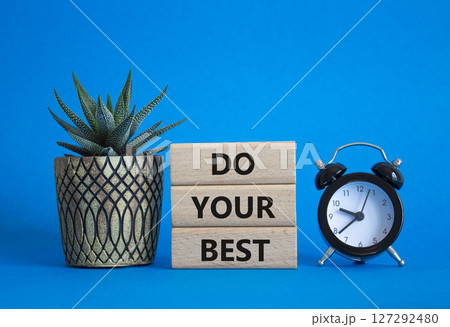 Do your Best symbol. Concept words Do your Best on wooden blocks. Beautiful blue background with succulent plant and alarm clock. Business and Do your Best concept. Copy space. Do your Best symbol. Concept words Do your Best on wooden blocks. Beautiful blue background with succulent plant and alarm clock. Business and Do your Best concept. Copy space. 127292480