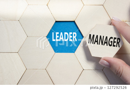 Leader or Manager symbol. Concept word Leader or Manager on wooden comb puzzle. Businessman hand. Beautiful blue background. Business and Leader or Manager concept. Copy space 127292526