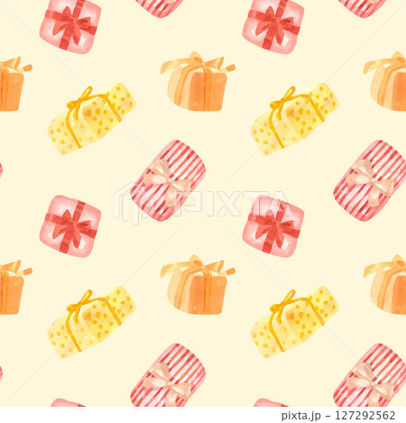 Watercolor hand drawn seamless pastel yellow pattern with gift box 127292562