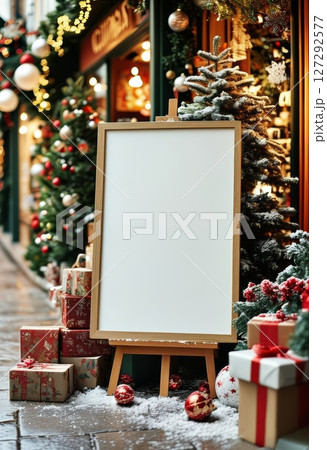 A cozy Christmas mockup featuring a blank wooden frame, surrounded by festive decorations including a snow-dusted Christmas tree, gift boxes, and ornaments. Perfect for seasonal displays and holiday. 127292577