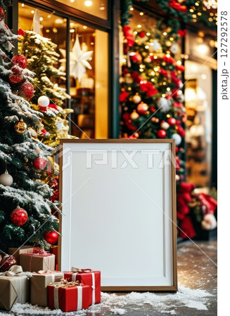 A cozy Christmas mockup featuring a blank wooden frame, surrounded by festive decorations including a snow-dusted Christmas tree, gift boxes, and ornaments. Perfect for seasonal displays and holiday. 127292578
