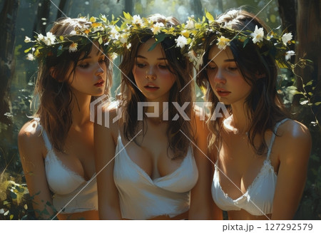 An ethereal, dreamlike scene of three young women in a forest, adorned with floral wreaths. Capturing the essence of sisterhood, unity, and natural beauty, bathed in soft sunlight amidst. 127292579