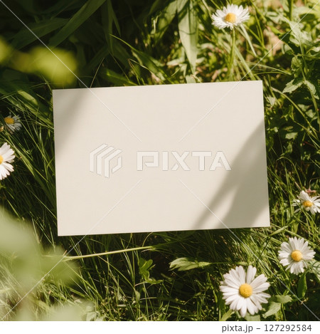 Blank invitation card mockup on grass with wildflowers in soft natural light. Ideal for rustic wedding stationery and floral branding. 127292584