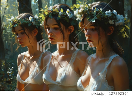 An ethereal, dreamlike scene of three young women in a forest, adorned with floral wreaths. Capturing the essence of sisterhood, unity, and natural beauty, bathed in soft sunlight amidst. 127292594