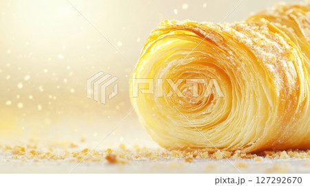 High-detail macro of a golden croissant with crumbs and shallow focus, capturing warmth, texture, and artisanal quality. 127292670
