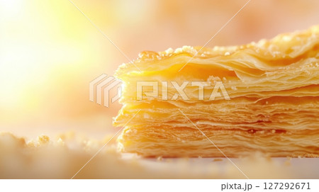 High-detail macro of a golden croissant with crumbs and shallow focus, capturing warmth, texture, and artisanal quality. 127292671