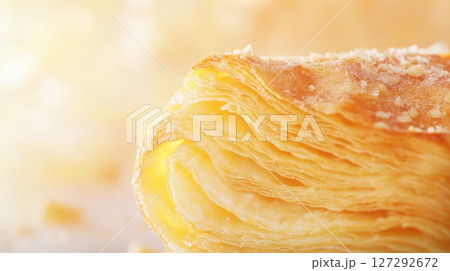Close-up food photo of a croissants intricate texture and airy interior in soft warm light, emphasizing lamination and craftsmanship. 127292672