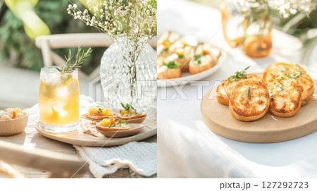 Summer brunch scene with artisan crostini and spritz cocktail in cozy countryside mood. 127292723