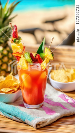 Fun and colorful cocktail presentation for summer food and beverage marketing. 127292733
