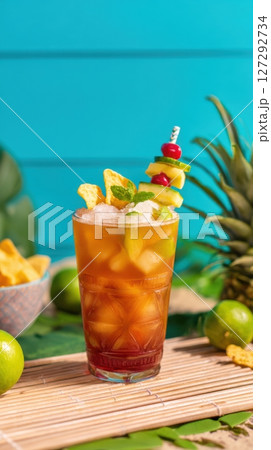 Fun and colorful cocktail presentation for summer food and beverage marketing. 127292734