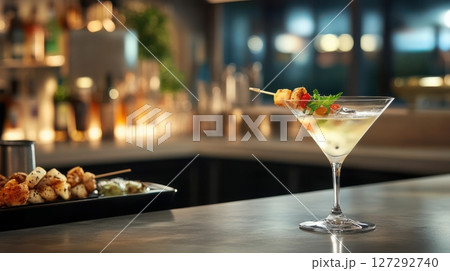 Visual story of modern luxury with designer cocktail and snack pairing captured in a chic bar setting. 127292740