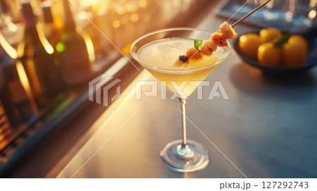 Elegant snacktail concept featuring cocktail and stylish appetizer in minimalistic upscale interior. 127292743