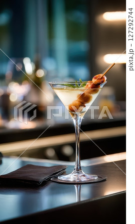Top-down view of a martini cocktail paired with a gourmet snack skewer on a modern bar counter with moody evening light. 127292744