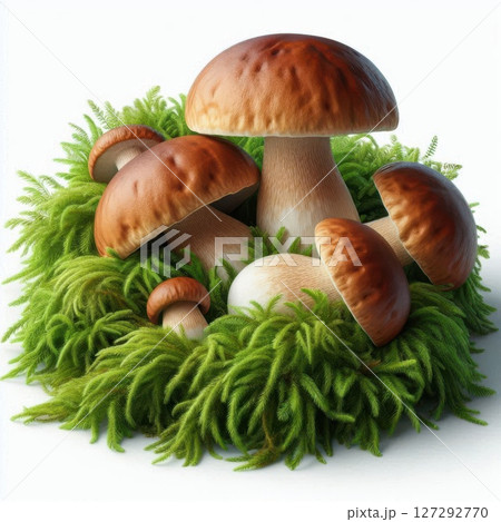 Fresh ceps mushrooms resting on vibrant green moss, isolated on white background with natural lighting, showcasing photorealistic texture and earthy detail in high resolution 127292770