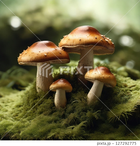 Fresh ceps mushrooms resting on lush green moss, photorealistic macro shot with extreme texture detail, perfect for culinary, botanical, or forest-themed visuals. 127292775