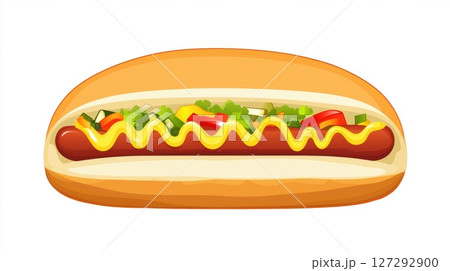 High-resolution isolated hot dog on white background with mustard, ketchup, and sesame seeds for commercial use. 127292900