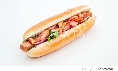 Minimalistic hot dog photo with a glossy sausage in a soft bun, isolated on a white background for food advertising. Minimalistic hot dog photo with a glossy sausage in a soft bun, isolated on a white background for food advertising. 127292901