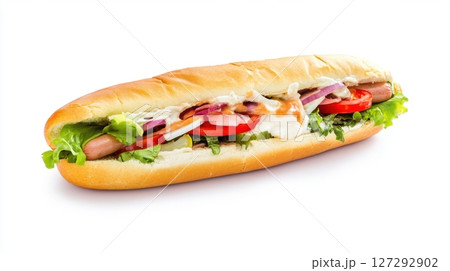 Minimalistic hot dog photo with a glossy sausage in a soft bun, isolated on a white background for food advertising. 127292902