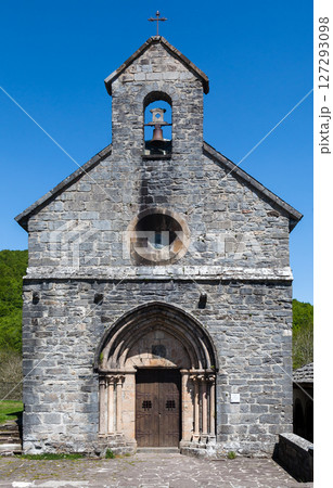 Bells toll in the serene stone chapel in Roncevaux along the Camino de Santiago, French Pyrenees Bells toll in the serene stone chapel in Roncevaux along the Camino de Santiago, French Pyrenees 127293098