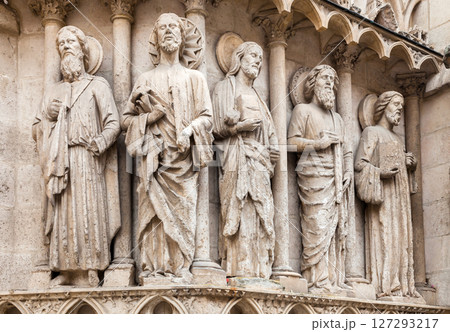 Stone carvings of saints adorning the archways of the Burgos Cathedral in Spain 127293217