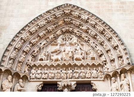 Gothic architecture of the Cathedral in Burgos, Spain showcasing intricate stone carvings Gothic architecture of the Cathedral in Burgos, Spain showcasing intricate stone carvings 127293225