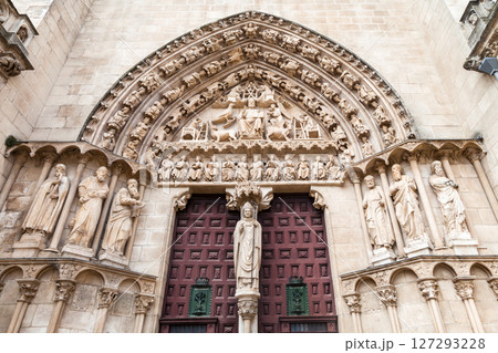 Gothic architecture of the Cathedral in Burgos, Spain showcasing intricate stone carvings 127293228