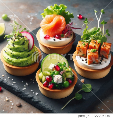 Sophisticated selection of bite-sized tartlets featuring bold flavors and modern garnishes, styled for upscale food photography and contemporary culinary trends. 127293230