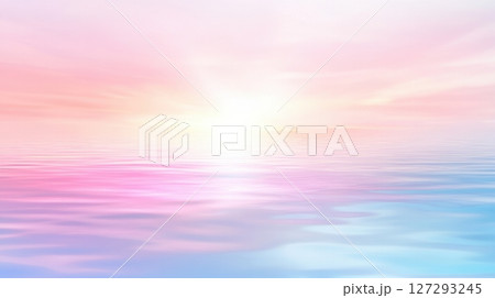 Serene and soft sunrise background with pastel tones, a gentle sea view, and smooth reflections for peaceful and elegant design projects. 127293245