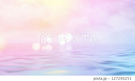 Abstract pastel nature landscape with blurred horizon and calm sea at sunrise or sunset, soft pink, blue, and purple sky with water reflections for design backgrounds 127293251