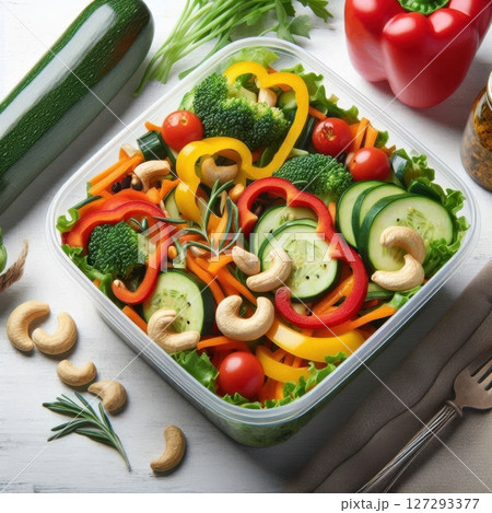 Vibrant veggie salad with zucchini, peppers, and cashews packed in a portable container, perfect for on-the-go snacking or lunch with natural textures and colors. 127293377