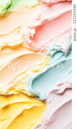 High-definition image of vibrant ice cream in cones against a colorful backdrop, showcasing vivid detail and appealing composition for advertising purposes. 127293390