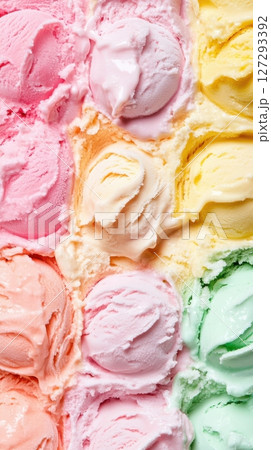 Colorful ice cream in waffle cones against a vibrant colorful background, top view, close-up, high-resolution photography with sharp detail for commercial use 127293392