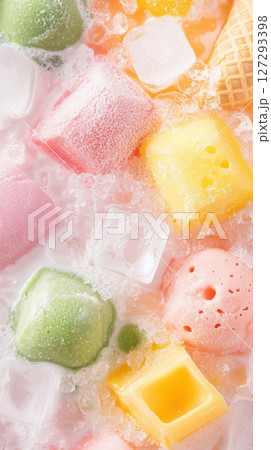 Vibrant ice cream in various colors seen from above with ice cubes and cones, deliciously detailed macro product photography, professional studio lighting and color grading, clean sharp focus 127293398