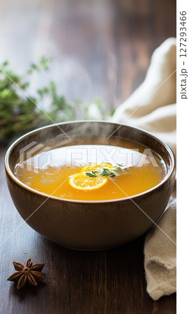 Aromatic duck bone broth in a handcrafted bowl, garnished with herbs and spices, evoking a rustic, farmhouse feel through natural textures and moody lighting. 127293466