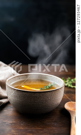 Aromatic duck bone broth in a handcrafted bowl, garnished with herbs and spices, evoking a rustic, farmhouse feel through natural textures and moody lighting. 127293467