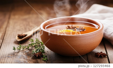 Rustic duck broth in a ceramic bowl with orange zest and star anise, styled with steam and warm light on a dark wooden table for a cozy, gourmet presentation. 127293468