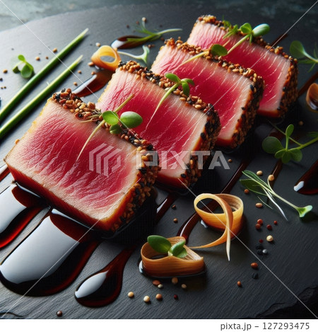 High-resolution food photography of refined seared tuna dish, featuring dark textures, moody tones, and precise culinary presentation for premium menus. 127293475