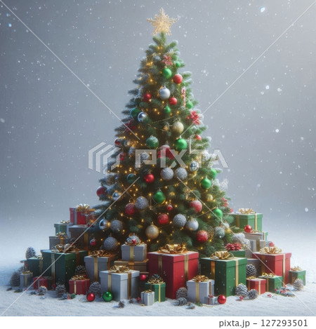 Realistic Christmas tree decorated in red and gold with gifts underneath, isolated on white background, perfect for festive commercial use. 127293501