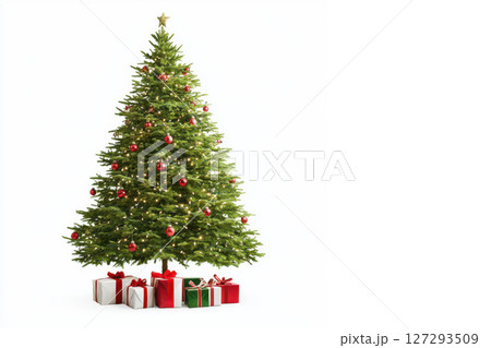 High-quality image of a Christmas tree and presents with exceptional detail and clean white background, perfect for commercial holiday visuals. 127293509